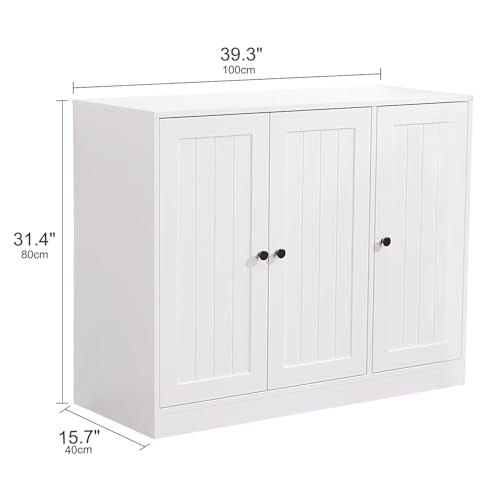 Buffet Cabinet with 3 Door, Kitchen Storage Sideboard with Adjustable Shelf, Rustic Buffet Sideboard Cabinet, Coffee Bar Accent Cabinets for Living Room, Entryway, White