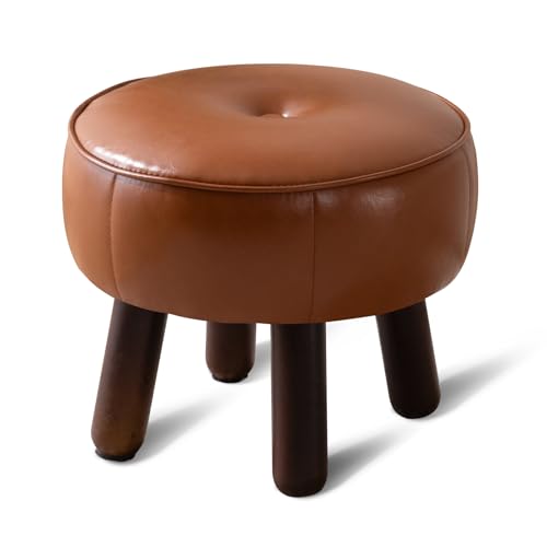 Small Foot Stool, Round Faux Leather Pouf Ottoman Foot Rest, Footstool Ottomans with Rubber Legs Under Desk, 13''L x 13''W x 10.2''H, Footrest for Couch, Living Room, Bedroom, Hallway, Brown
