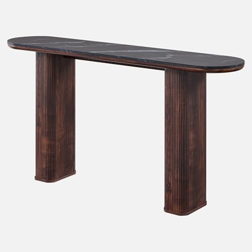63 Inch Modern Console Table with Arc Faux Marble Texture Top, Fluted Wood Base, Contemporary Entryway Sofa Table for Living Room, Hallway, Foyer, Dark Walnut