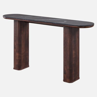 63 Inch Modern Console Table with Arc Faux Marble Texture Top, Fluted Wood Base, Contemporary Entryway Sofa Table for Living Room, Hallway, Foyer, Dark Walnut