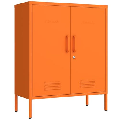 Multipurpose Accent Cabinet Locker, Metal Storage Cabinet with 2 Adjustable Shelves, Heavy Duty & Lockable Organizer Made of Thickened Steel, Easy Assembly for Home, Entryway, Orange