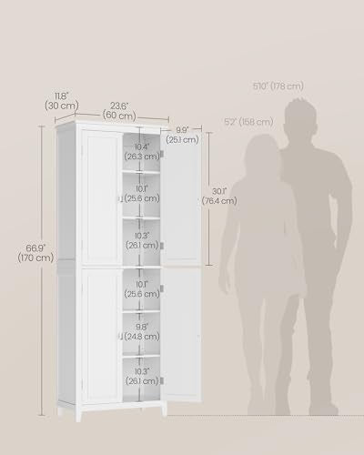 VASAGLE Floor Storage Cabinet, Freestanding Storage Unit with 4 Doors, Adjustable Shelves, 11.8 x 23.6 x 66.9 Inches, for Entryway, Bathroom, Cloud White UBBC550W01