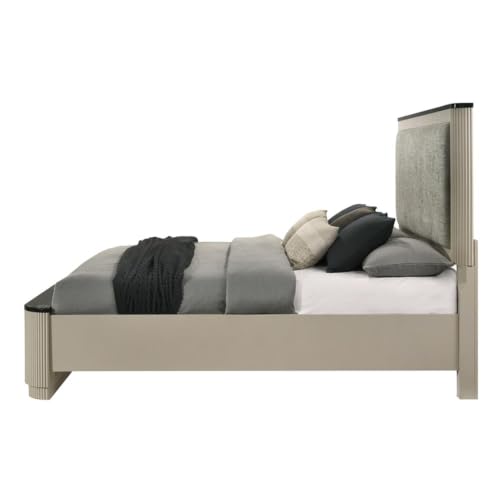 Upholstered Eastern King Bed, Gray Linen and Beige Frame, Padded Headboard, Black Marble-Look Trim, Sturdy Wood Construction, Vertical Panel Design, Modern Bedroom Furniture