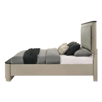 Upholstered Eastern King Bed, Gray Linen and Beige Frame, Padded Headboard, Black Marble-Look Trim, Sturdy Wood Construction, Vertical Panel Design, Modern Bedroom Furniture