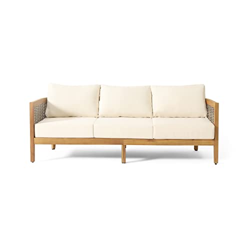 76.5" Outdoor Acacia Wood Wicker 3 Seater Sofa, Patio Furniture Couch for Backyard