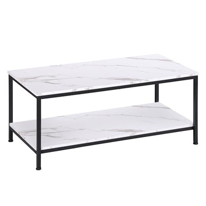 2-Tier Coffee Table with Storage Shelf for Small Apartment Living Room, Rectangle Wood and Stable Metal TV Stand Side End Table, White Marble