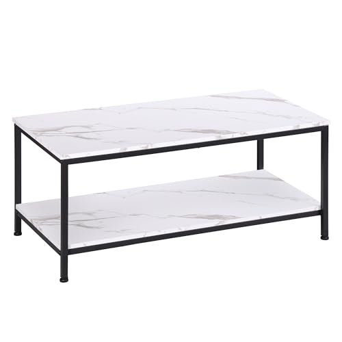 2-Tier Coffee Table with Storage Shelf for Small Apartment Living Room, Rectangle Wood and Stable Metal TV Stand Side End Table, White Marble