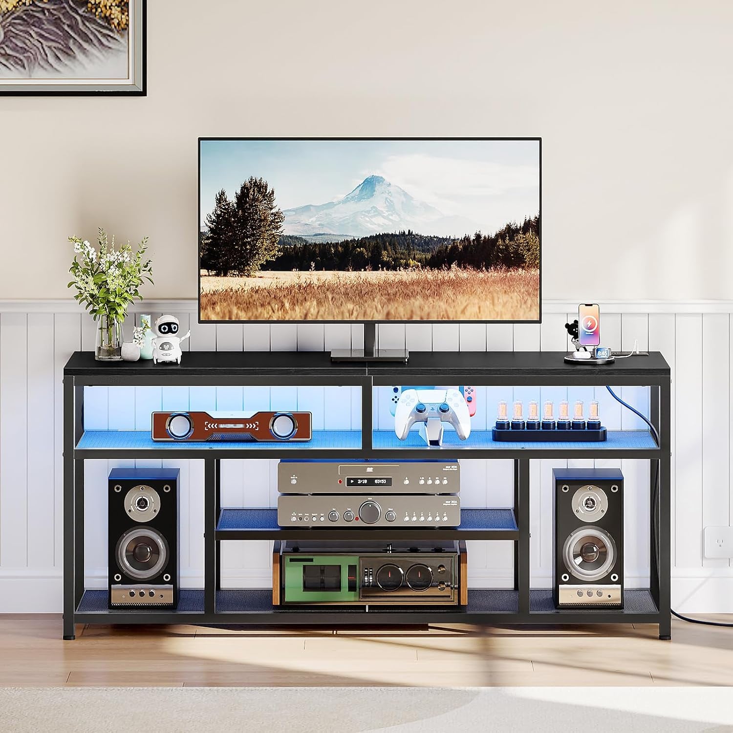 LED TV Stand with Charging Station, 4-Tier Entertainment Gaming Center, Modern Media Console Table, Open Shelves, 55.1"L X 13.8"W X 26.2"H, for Tvs up to 65", for Living Room, Black BB47UDDS01