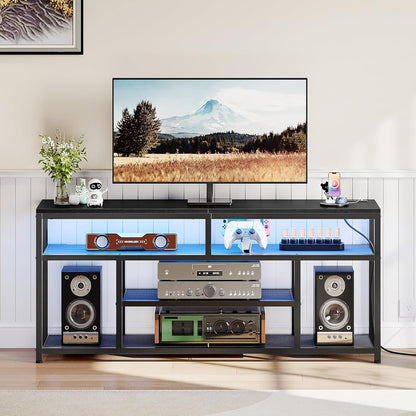 LED TV Stand with Charging Station, 4-Tier Entertainment Gaming Center, Modern Media Console Table, Open Shelves, 55.1"L X 13.8"W X 26.2"H, for Tvs up to 65", for Living Room, Black BB47UDDS01