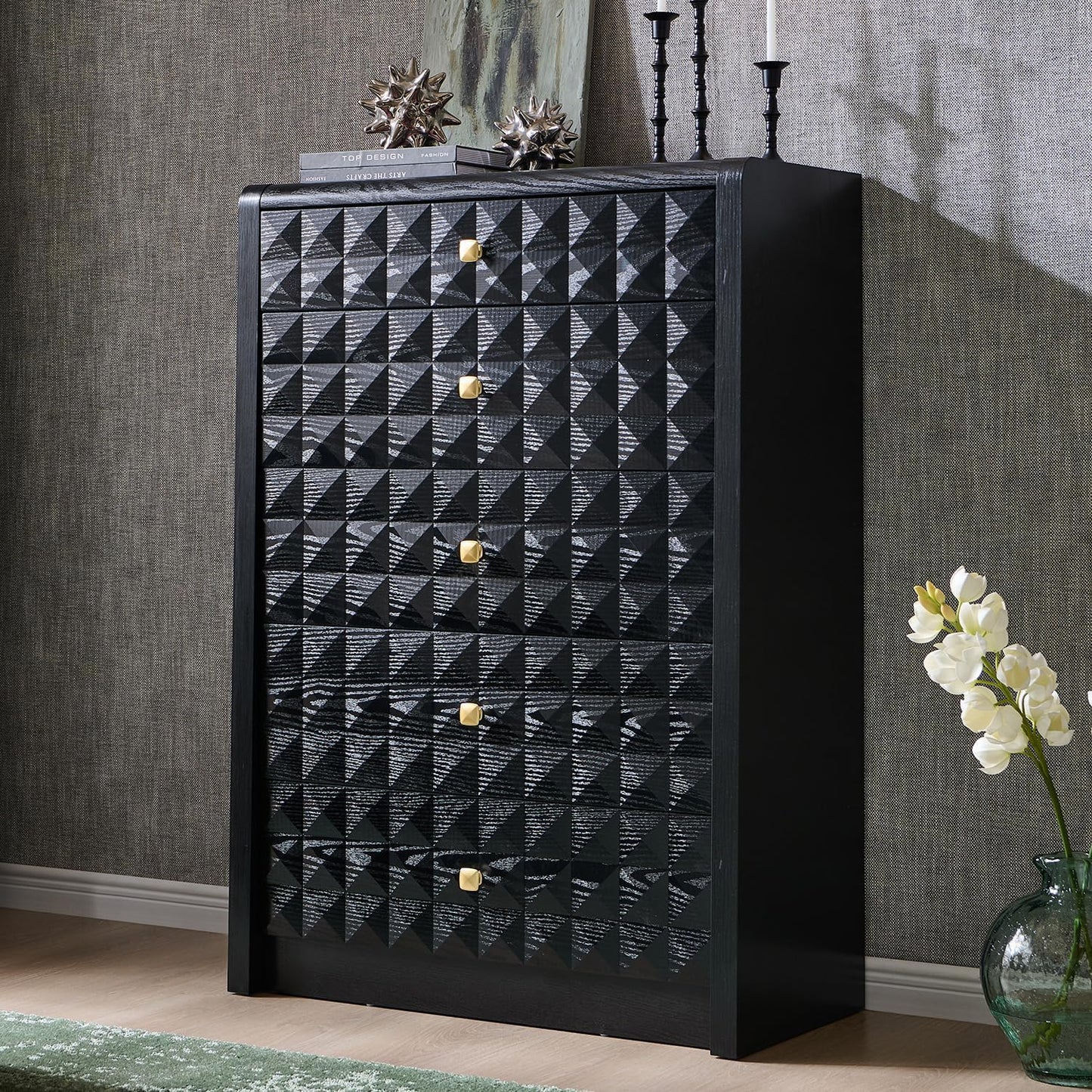 Modern 5 Drawer Dresser for Bedroom, Wooden Tall Dressers &Chests of Drawers W/Two Different Drawer Sizes, Mid Century Modern Dresser W/Diamond Panel Decorate for Bedroom, Curved Profile Design, Black