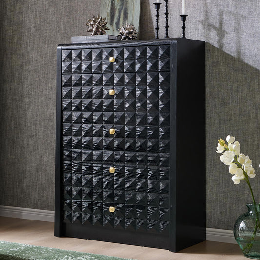Modern 5 Drawer Dresser for Bedroom, Wooden Tall Dressers &Chests of Drawers W/Two Different Drawer Sizes, Mid Century Modern Dresser W/Diamond Panel Decorate for Bedroom, Curved Profile Design, Black