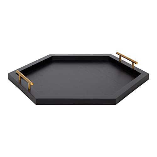 Halsey Hexagon Decorative Wooden Tray with Polished Metal Handles; 22 x 19; Black and Gold; Modern Glam Wood Hexagon Serving Tray for Display or Decoration