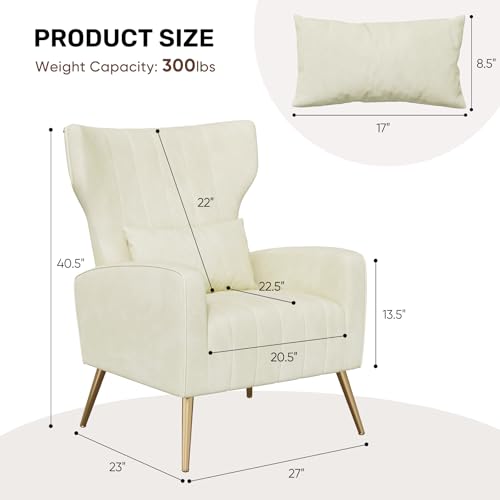 Velvet Accent Chair Wingback for Living Room, High Back Arm Chair with Golden Legs Lumbar Pillow, Upholstered Single Sofa Bedroom Beige