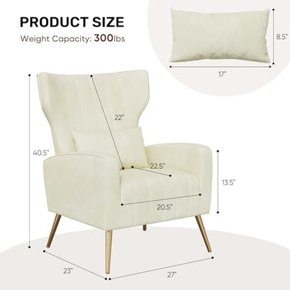 Velvet Accent Chair Wingback for Living Room, High Back Arm Chair with Golden Legs Lumbar Pillow, Upholstered Single Sofa Bedroom Beige
