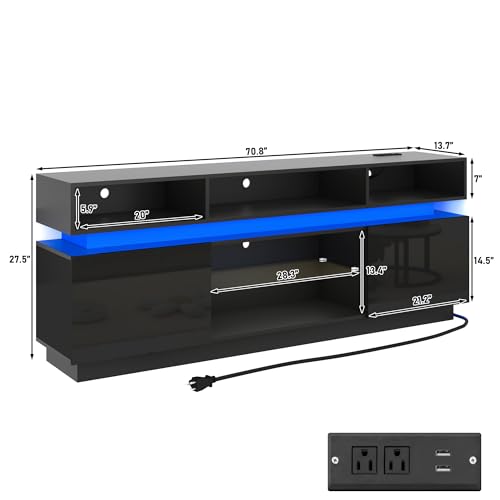 LED TV Stand for 80 Inch TV, Modern Tall Entertainment Center with Power Outlets, High Gloss TV Stand, Gaming TV Media Console with Glass Shelf for Living Room, 71 Inch, Black