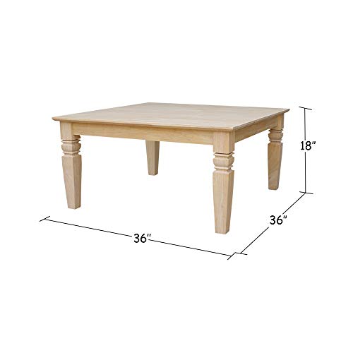 International Concepts, 18"H Java Square Coffee Table, Farmhouse, Living Room Furniture, Sturdy Solid Parawood, Paint or Stain in Any Color, Easy Assembly, Unfinished