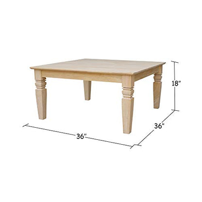 International Concepts, 18"H Java Square Coffee Table, Farmhouse, Living Room Furniture, Sturdy Solid Parawood, Paint or Stain in Any Color, Easy Assembly, Unfinished