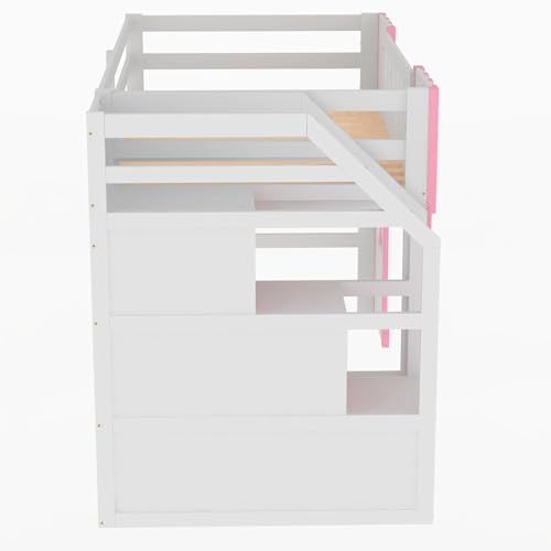 Wooden Twin Loft Bed with Built-in Storage Staircase and Play Window, House Style Elevated Kids Bed Frame, No Box Spring Needed for Bedroom Use (Pink)