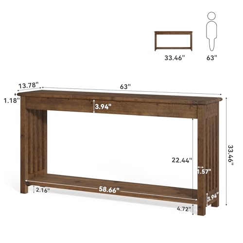 63" Solid Wood Console Table with 2-Tier Shelf, Farmhouse Sofa Table, Rustic Entryway Table for Behind Couch, Hallway, Living Room