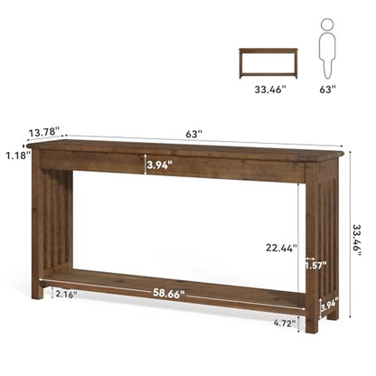 63" Solid Wood Console Table with 2-Tier Shelf, Farmhouse Sofa Table, Rustic Entryway Table for Behind Couch, Hallway, Living Room