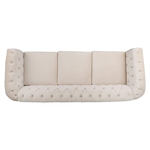 Velvet Chesterfield Sofa, Classic Tufted Upholstered Couch, Modern 3 Seater Couch Long Settee Furniture with Tufted Back for Living Room Office (Beige)
