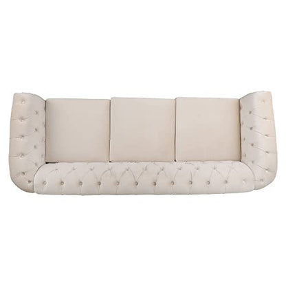 Velvet Chesterfield Sofa, Classic Tufted Upholstered Couch, Modern 3 Seater Couch Long Settee Furniture with Tufted Back for Living Room Office (Beige)