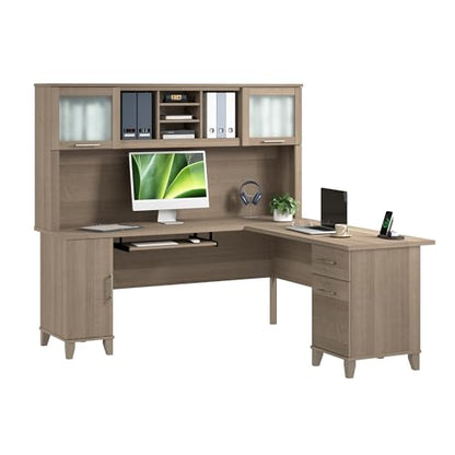 72-Inch L-Shaped Desk with Hutch, Corner Computer Office Desk with File and Box Drawers, Shelves and Storage Cabinet, Home Office Workstation, Somerset Collection, Ash Gray