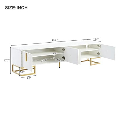 ON-TREND Modern TV Stand with Metal Legs and Gold Handles for TVs Up to 80'', Media Console Table with Cabinets and Adjustable Shelves, Luxury TV Cabinet with Geometric Lines for Living Room, White
