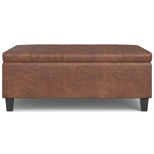 Harrison Large Coffee Table Storage Ottoman - 40 inch Wide Upholstered Vegan Leather Square Lift-Top Ottoman in Distressed Saddle Brown, Transitional Bench for Living Room with Sturdy Base