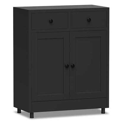 Metal Storage Cabinet with 2 Drawers and Adjustable Shelf, Sideboard Buffet Cabinet for Home, Office, Hallway, Entryway, Living Room, Kitchen Pantry and Dining Room (Black)