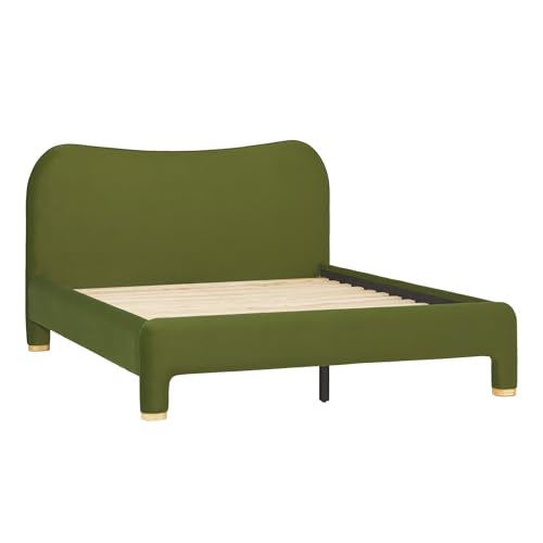 Chantelle Modern Curved Upholstered Queen Bed, Queen Size, Green Velvet