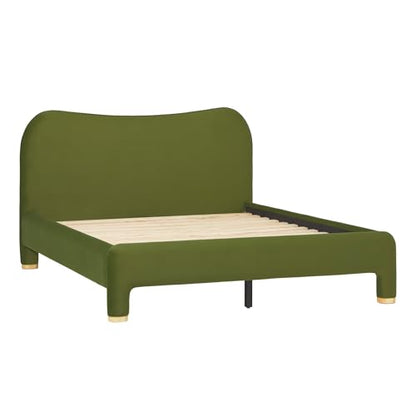 Chantelle Modern Curved Upholstered Queen Bed, Queen Size, Green Velvet
