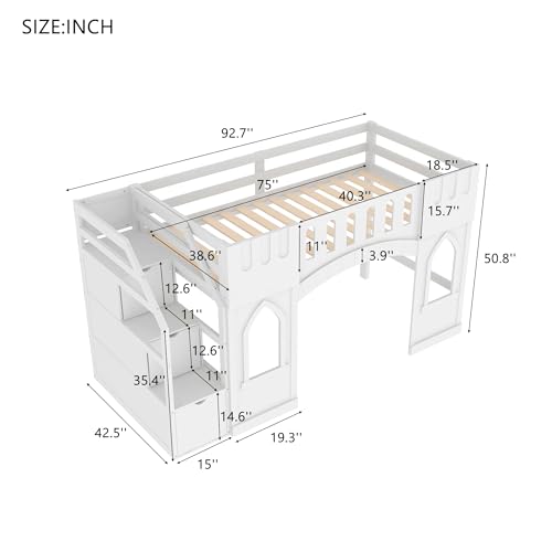 LUMISOL Kids Twin Low Loft Bed with Rails, Solid Wood Loft Bed Frame with Staircase, Window and Guardrails for Kids, No Box Spring Needed, White