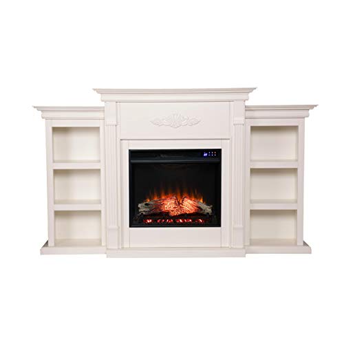 Tennyson Touch Screen Electric Fireplace with Book Shelves - Ivory - Transitional Design, Ivory Glass and Wood - Ideal for Living Room, Bedroom (FR8544)