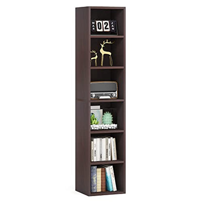70.9 Inch Tall Narrow Bookcase, Corner Bookshelf 6 Tier Cube Display Shelf Storage Organizer for Small Space, Brown