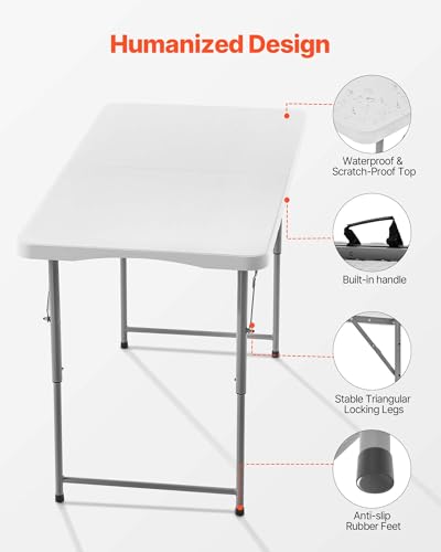 Folding Table, Heavy Duty Portable Fold-in-Half Utility Table, Indoor Outdoor Plastic Rectangle Table with Built in Handle, for Party, Dining, Wedding, Events, Picnic, Camping, 4 ft, White