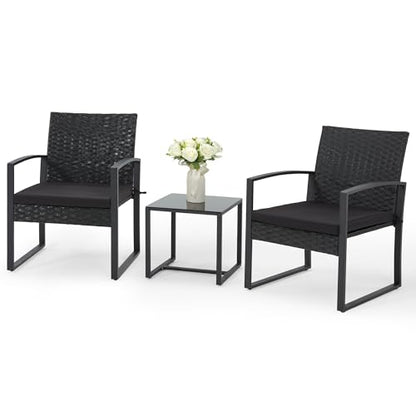 3 Pieces Patio Furniture Set, Outdoor Rattan Bistro Set with Coffee Table, Durable Steel Frame with Strapped Cushions for Garden, Balcony, Poolside, Backyard