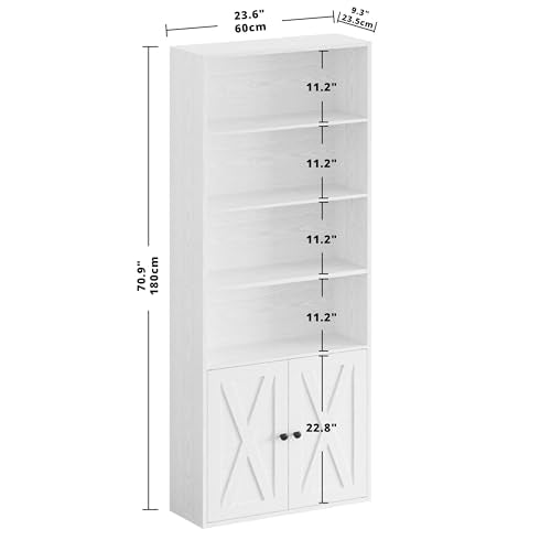 Industrial Bookshelves and Bookcases with Doors Floor Standing 6 Shelf Display Storage Shelves 70 in Tall Bookcase for Home Office, Living Room
