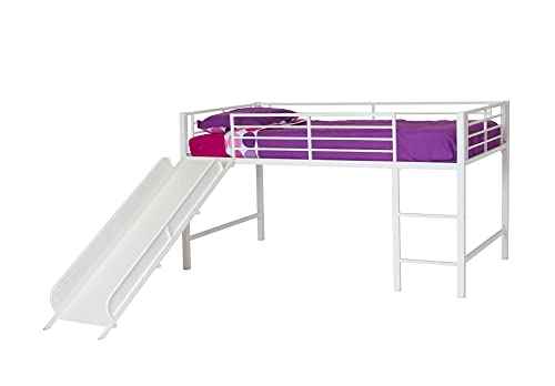 Junior Twin Metal Loft Bed with Slide, Multifunctional Design, White with White Slide