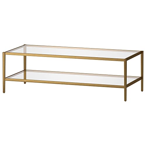 54" Wide Rectangular Coffee Table with Glass Shelf in Antique Brass, Modern coffee tables for living room, studio apartment essentials | Spacious dual-level design provides room for décor and essentials without overwhelming your space