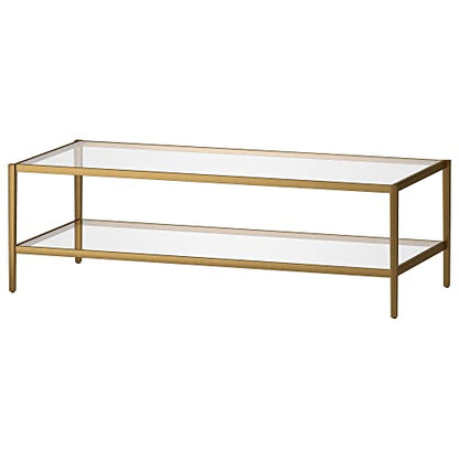 54" Wide Rectangular Coffee Table with Glass Shelf in Antique Brass, Modern coffee tables for living room, studio apartment essentials | Spacious dual-level design provides room for décor and essentials without overwhelming your space