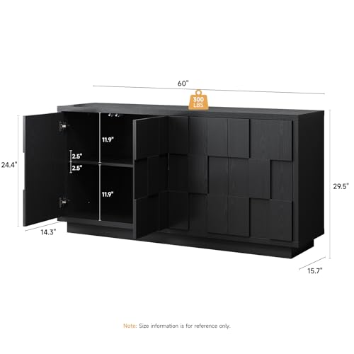 60" Sideboard Buffet Cabinet with Adjustable Shelves Storage,Black, view 3