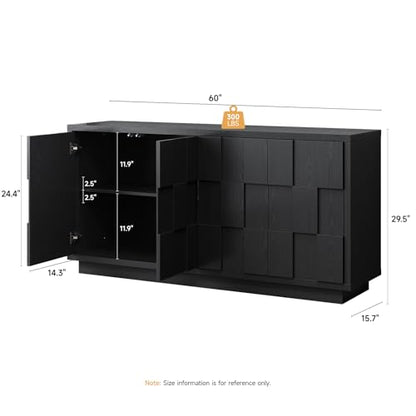 60" Sideboard Buffet Cabinet with Adjustable Shelves Storage,Black, view 3
