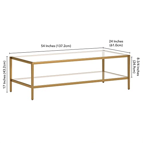 54" Wide Rectangular Coffee Table with Glass Shelf in Antique Brass, Modern coffee tables for living room, studio apartment essentials | Spacious dual-level design provides room for décor and essentials without overwhelming your space