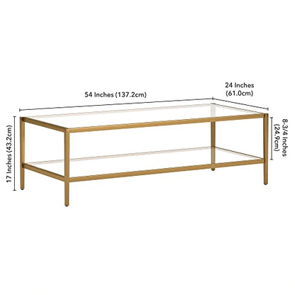 54" Wide Rectangular Coffee Table with Glass Shelf in Antique Brass, Modern coffee tables for living room, studio apartment essentials | Spacious dual-level design provides room for décor and essentials without overwhelming your space