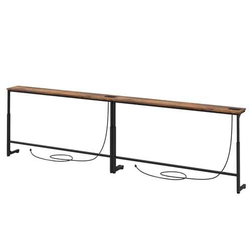 94.5" Extra Long Behind Couch Table, Adjustable Height Narrow Console Table with 2 Power Strips, Split Design for Separate Wall Use, Anti-Scratch Tip, Rustic Brown for Living Room