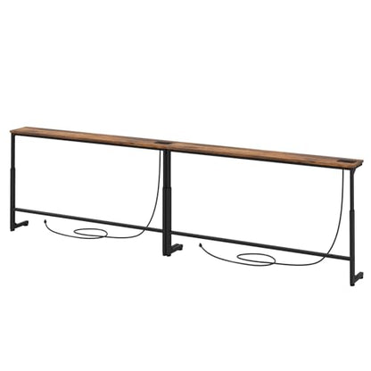 94.5" Extra Long Behind Couch Table, Adjustable Height Narrow Console Table with 2 Power Strips, Split Design for Separate Wall Use, Anti-Scratch Tip, Rustic Brown for Living Room