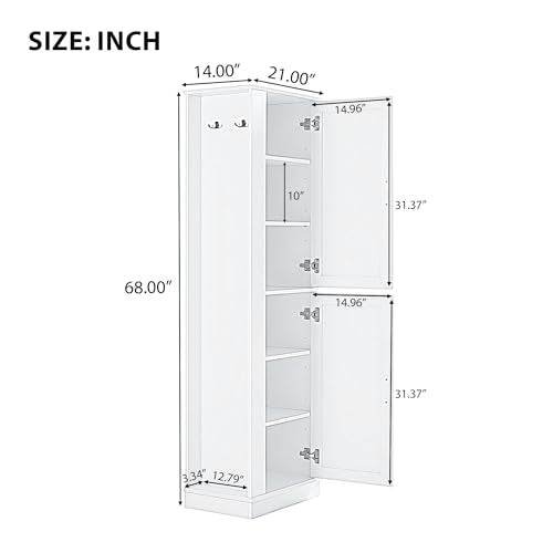 68 Inch Bathroom Storage Cabinet with Adjustable Shelves, White | White MDF, bathroom or utility room, side hook, 2-door cabinet, metal handles, anti-tip kit, 21 in W, 14 in D, 68 in H