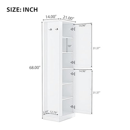 68 Inch Bathroom Storage Cabinet with Adjustable Shelves, White | White MDF, bathroom or utility room, side hook, 2-door cabinet, metal handles, anti-tip kit, 21 in W, 14 in D, 68 in H