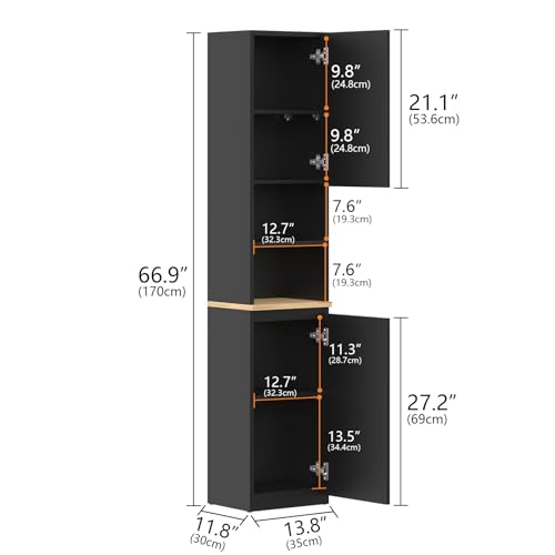 67" Tall Bathroom Storage Cabinet with 2 Doors, Black, view 3